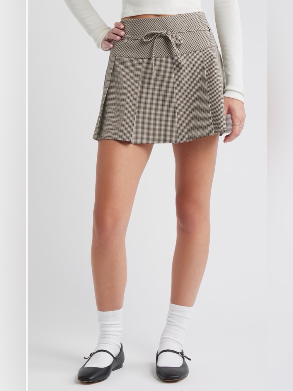 BP. Pleated Belted Plaid Minskirt mini skirt school girl Brown Large NWT